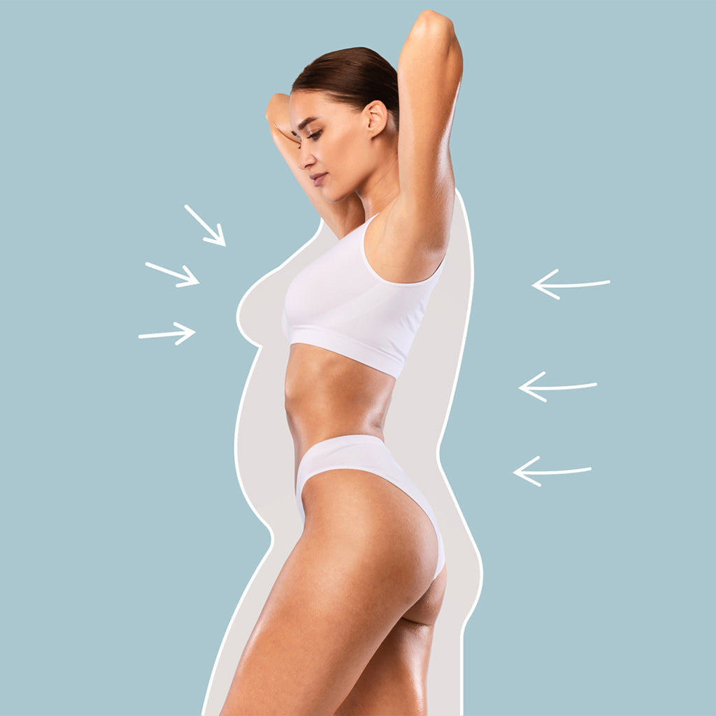 Woman using methods to fix thin sagging loose skin after weight loss or pregnancy